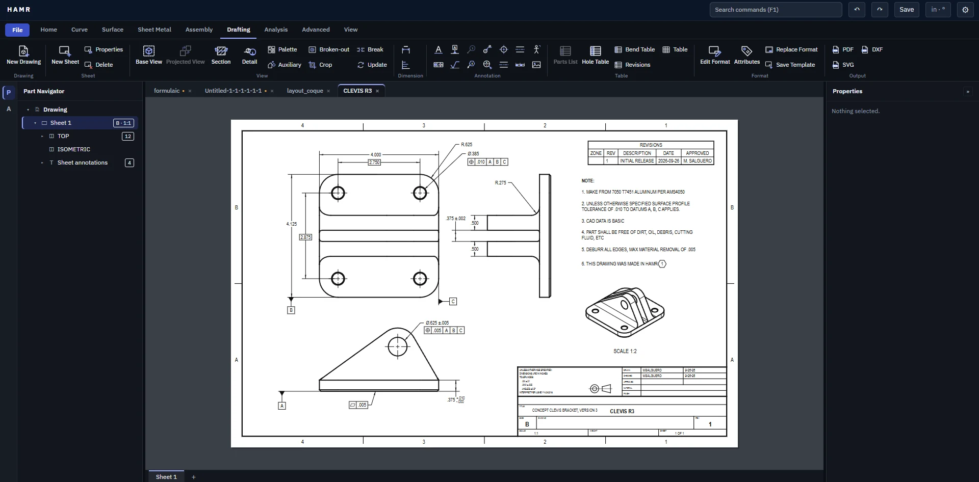 HAMR's Drafting tab showing an ANSI B drawing of a clevis bracket: dimensioned top and side views, GD&T position and profile tolerances, datum features, notes, a revisions table, an isometric view and a filled-in title block.