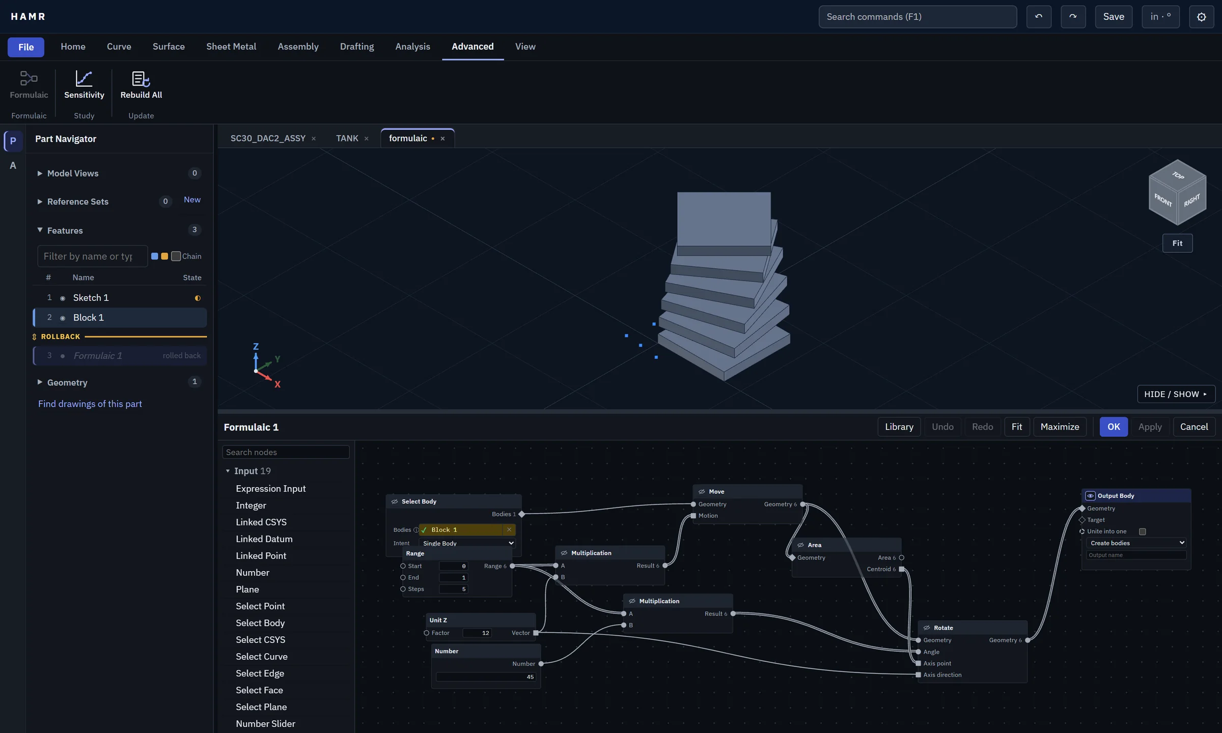 HAMR's Logic Editor docked under the viewport: a node graph of Select Body, Range, Multiplication, Unit Z, Move, Rotate and Output Body nodes, and the resulting stack of rotated blocks above.