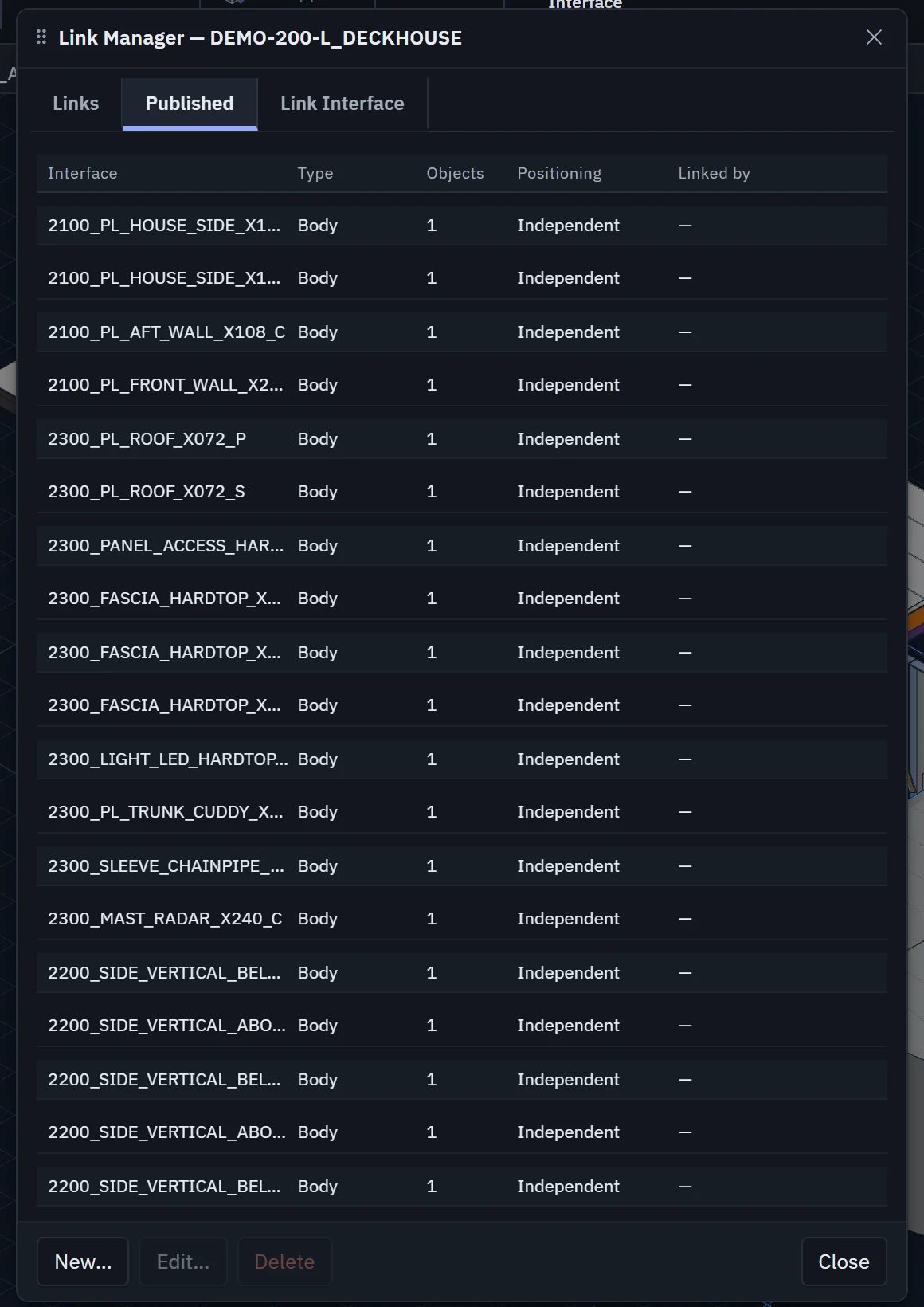 The Published tab of HAMR's Link Manager, listing the deckhouse layout's named body interfaces such as house side, roof and fascia plates.