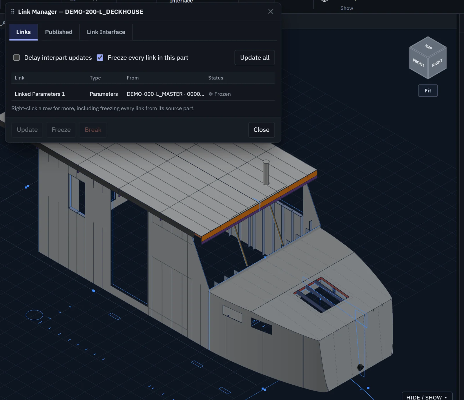 HAMR's Link Manager over the demo catamaran's deckhouse layout, showing its parameters linked from the master layout and frozen.