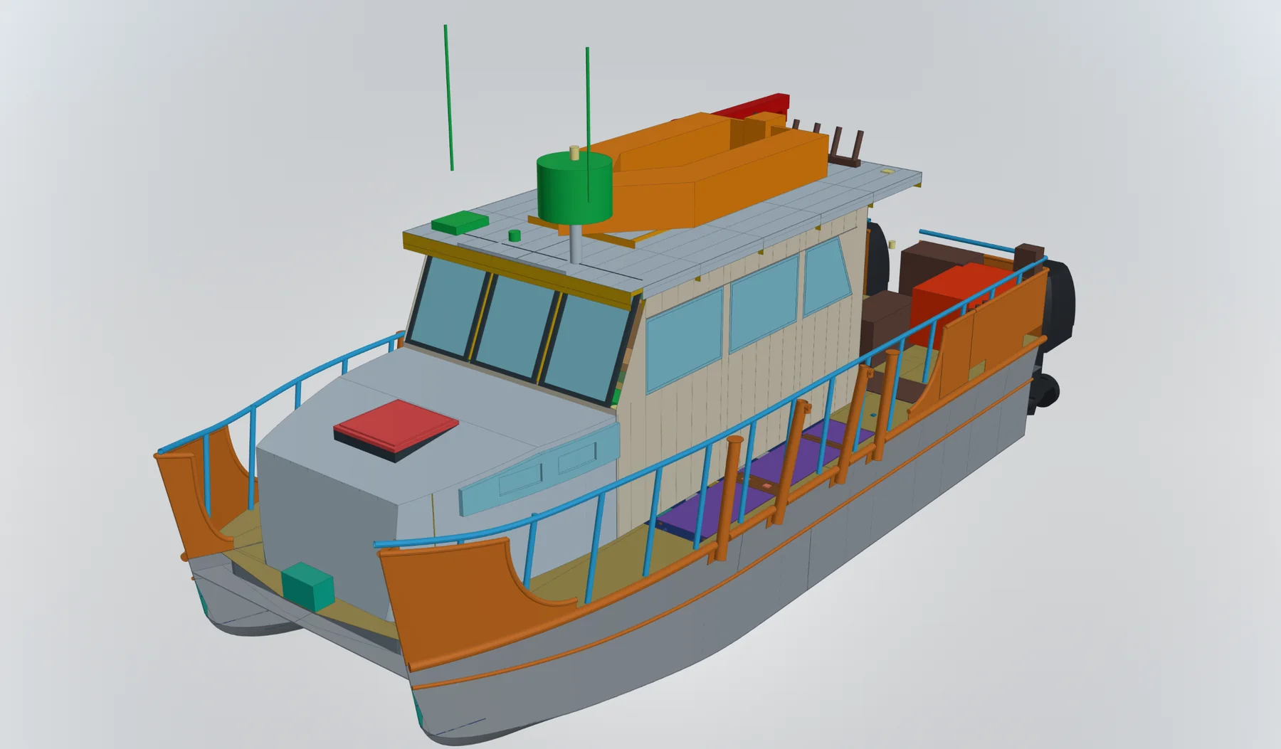 Rendered demo catamaran model from the port bow quarter, coloured by system.