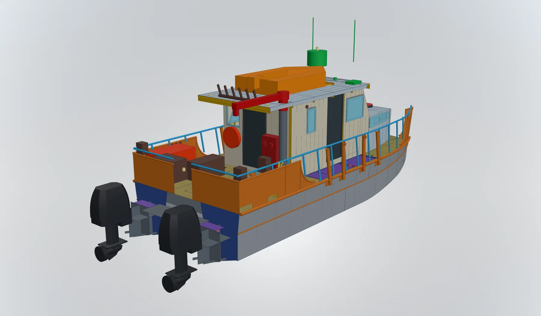 Rendered demo catamaran model from the starboard stern quarter, showing the davit, the tender on the roof and twin outboards.